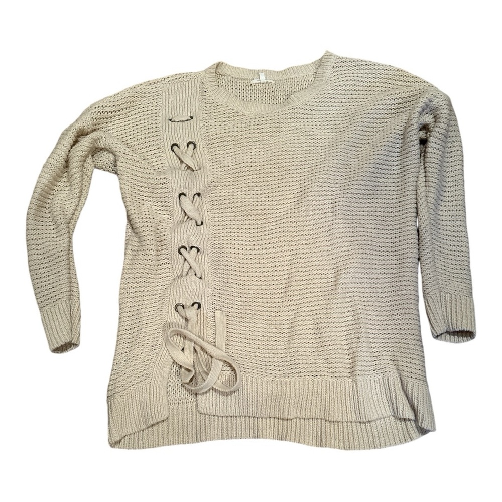Maurices XL cream loose knit tunic sweater with criss cross lace up side detail